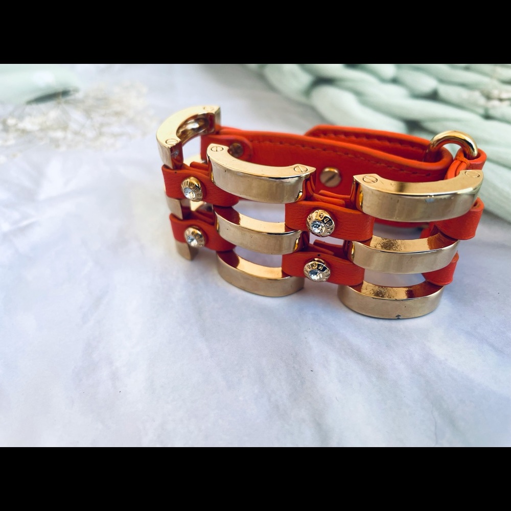 Henri Bendel Rose Gold Leather Rivet Logo Bracelet